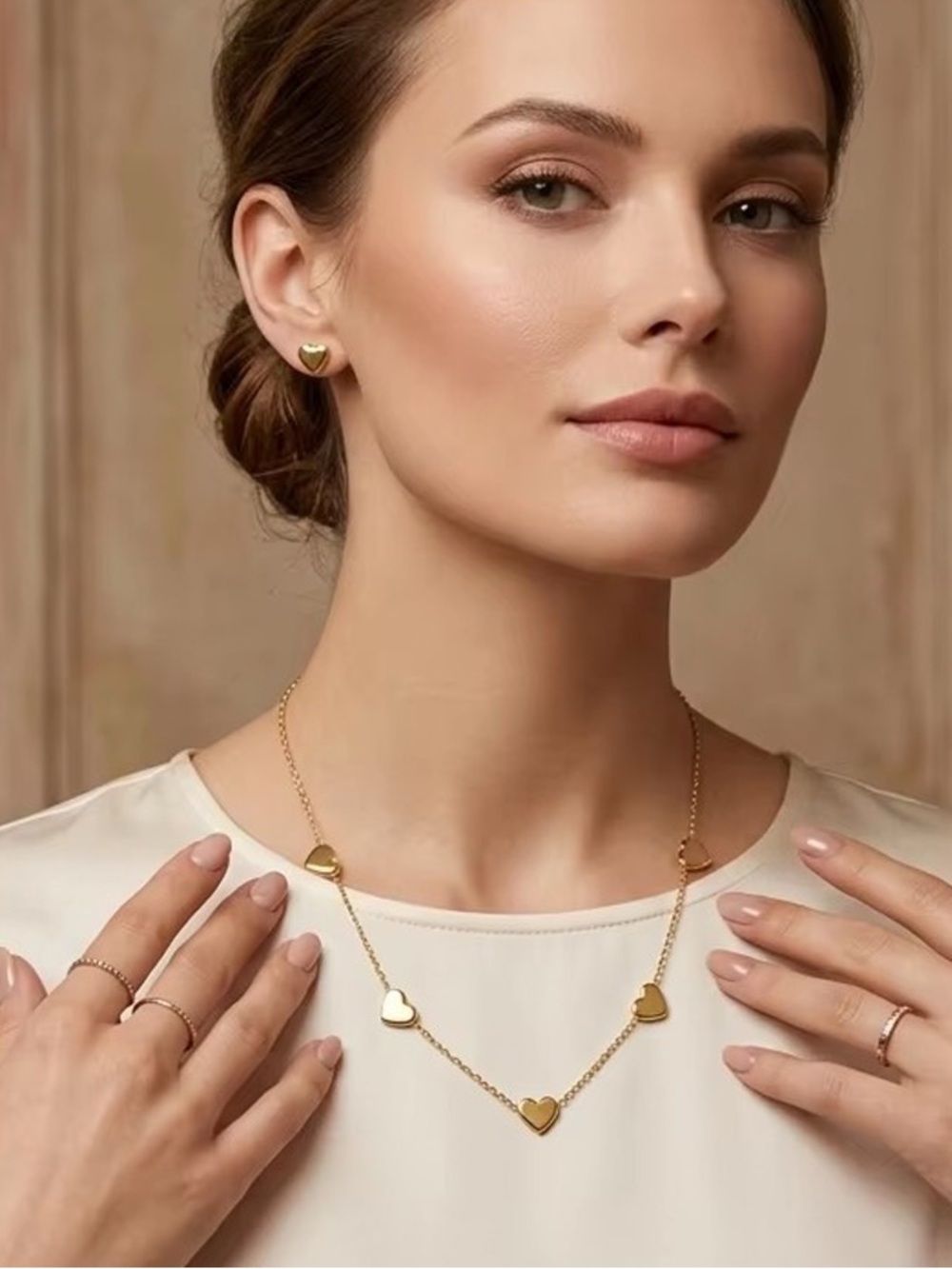 Gold Heart Necklace and Stud Earring Set - Women Jewelry - Picture 2 of 3